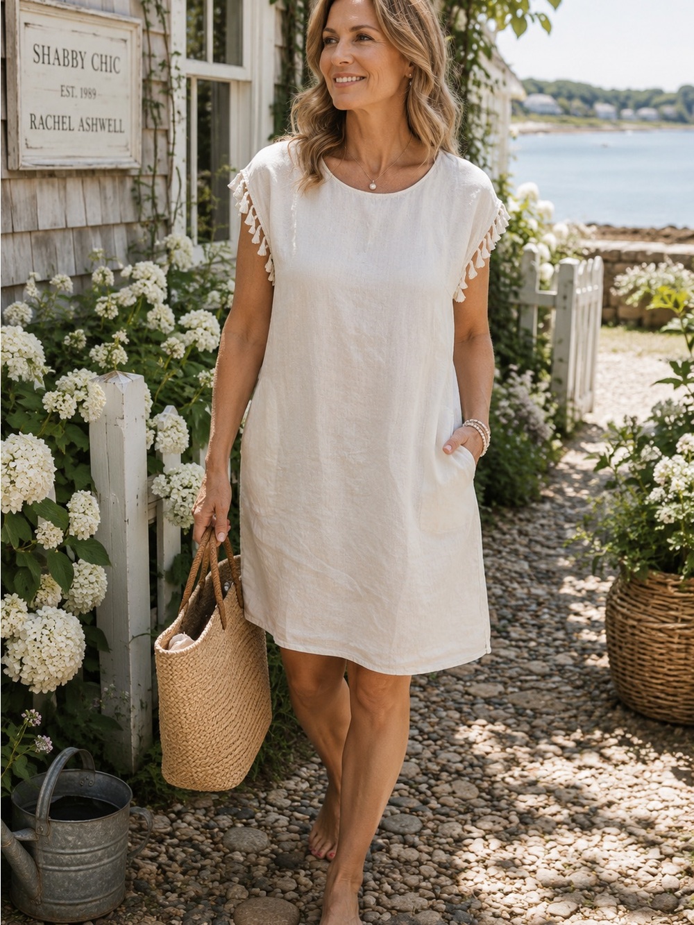 Rachel Ashwell Linen Shift Dress Tassel Sleeve Pockets Medium Ivory